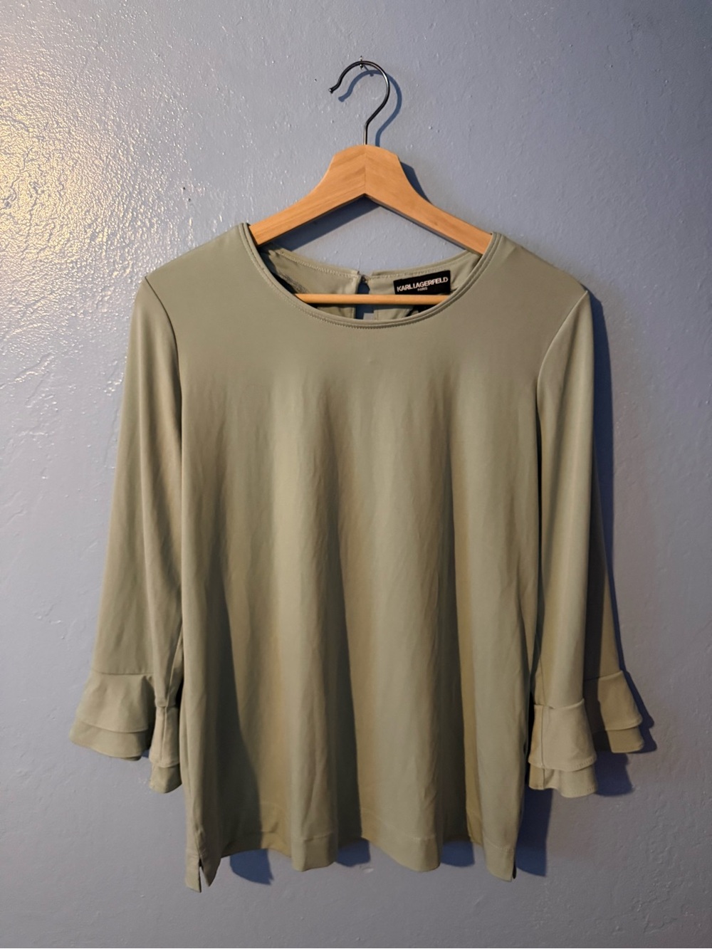 KARL LAGERFELD Sage Green Ruffle Cuff Long Sleeve Top